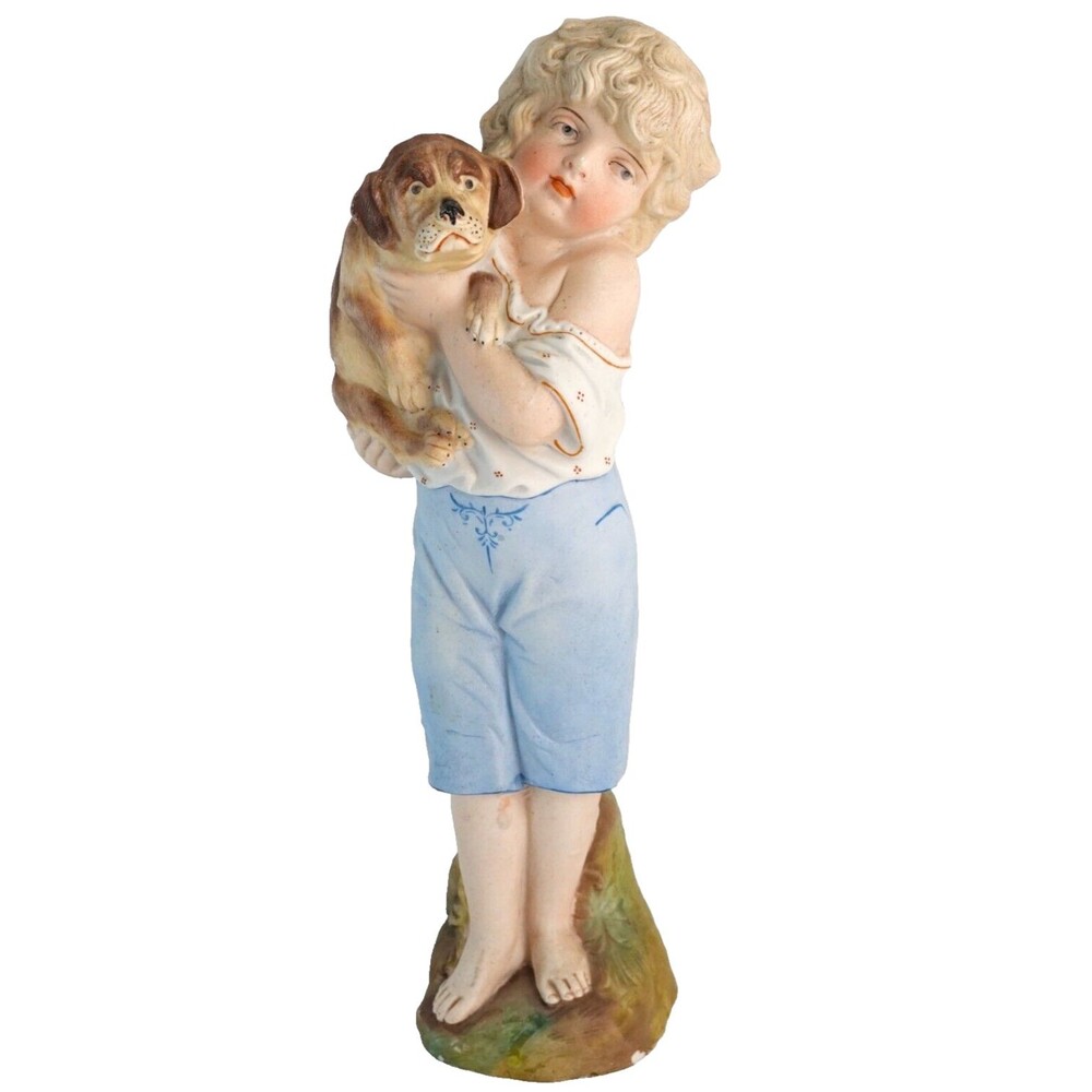 Antique Victorian Bisque Porcelain Boy and Pug Dog Love Figurine